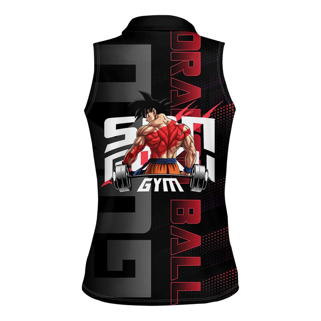 Goku Gym Theme Black and Red Design Women Sleeveless Polo Shirt with Dumbbell Lightning Art and Muscle Training Pose - The Mazicc