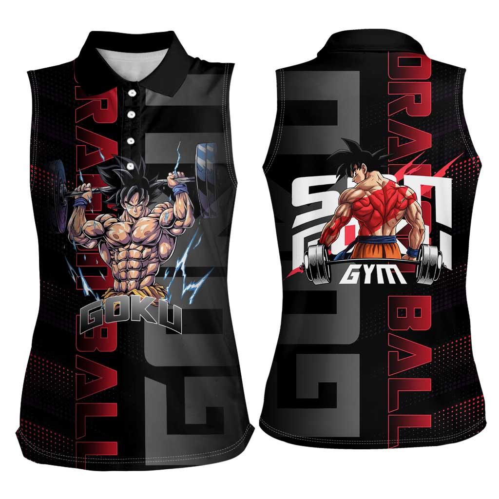Goku Gym Theme Black and Red Design Women Sleeveless Polo Shirt with Dumbbell Lightning Art and Muscle Training Pose - The Mazicc