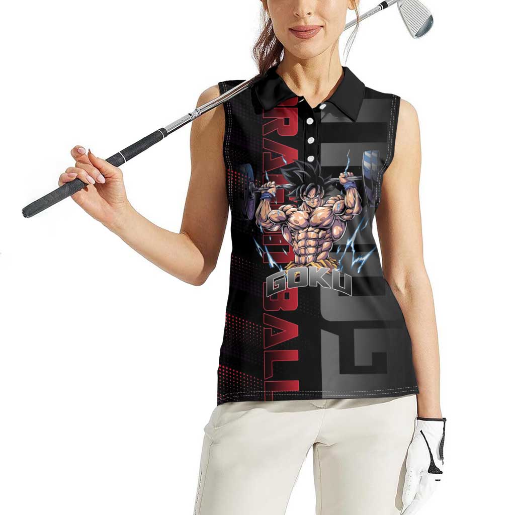 Goku Gym Theme Black and Red Design Women Sleeveless Polo Shirt with Dumbbell Lightning Art and Muscle Training Pose - The Mazicc