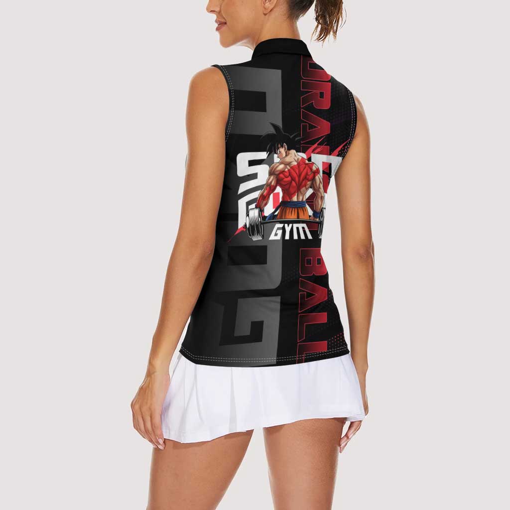 Goku Gym Theme Black and Red Design Women Sleeveless Polo Shirt with Dumbbell Lightning Art and Muscle Training Pose - The Mazicc