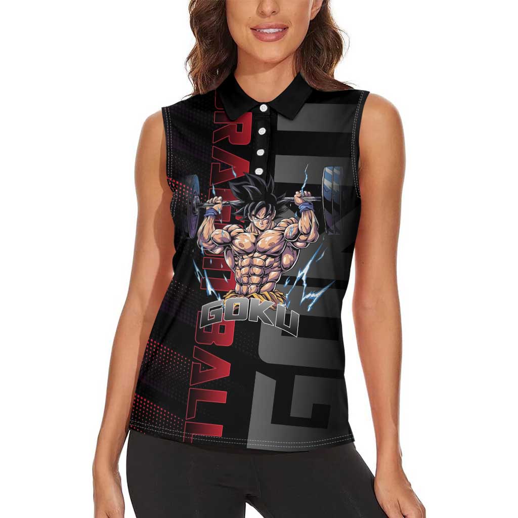Goku Gym Theme Black and Red Design Women Sleeveless Polo Shirt with Dumbbell Lightning Art and Muscle Training Pose - The Mazicc