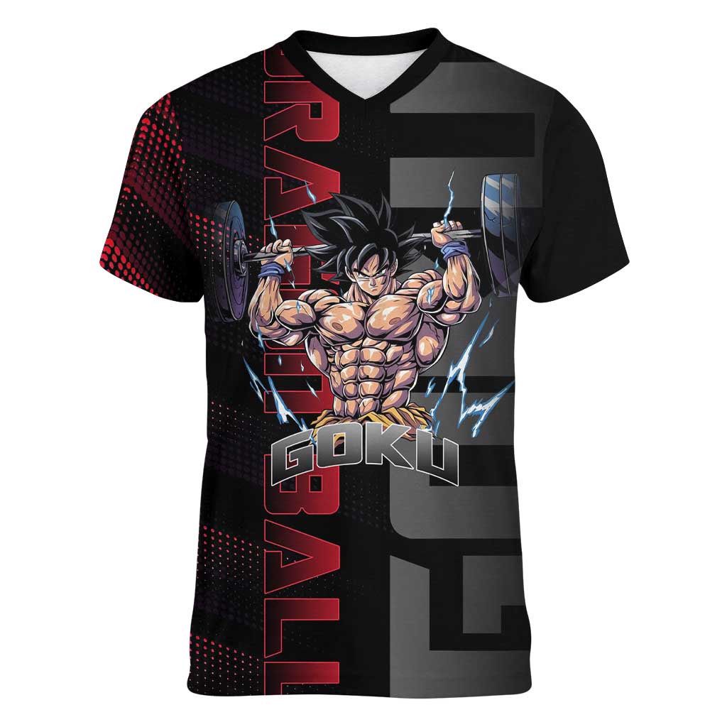 Goku Gym Theme Black and Red Design Women V-Neck T-Shirt with Dumbbell Lightning Art and Muscle Training Pose - The Mazicc