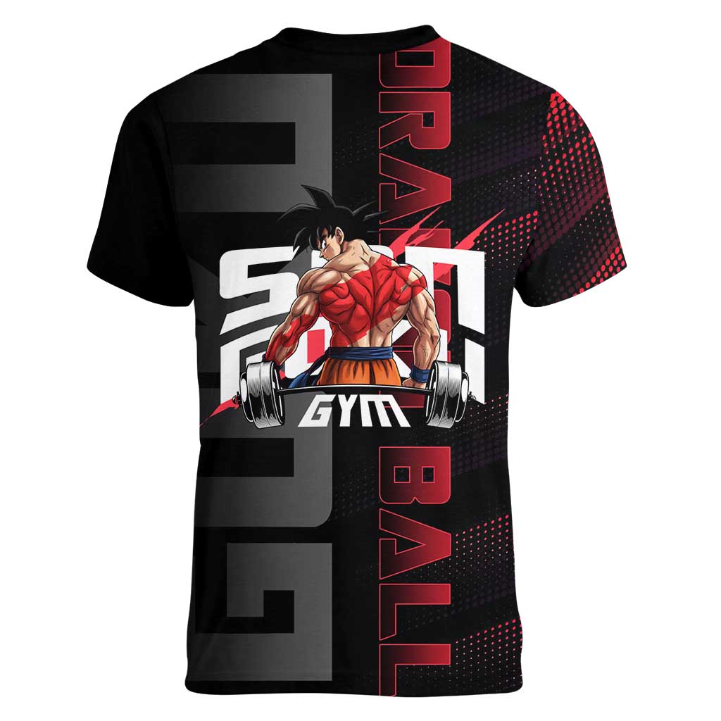 Goku Gym Theme Black and Red Design Women V-Neck T-Shirt with Dumbbell Lightning Art and Muscle Training Pose - The Mazicc