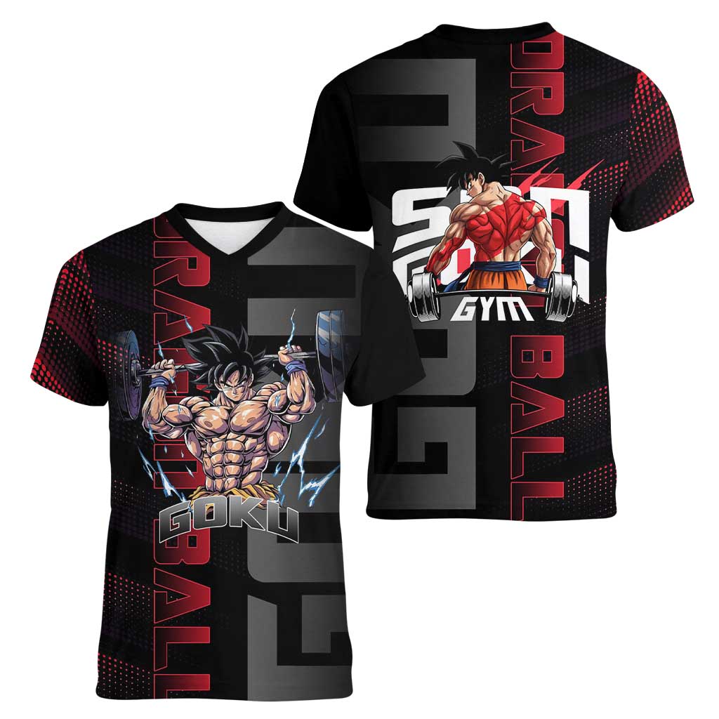 Goku Gym Theme Black and Red Design Women V-Neck T-Shirt with Dumbbell Lightning Art and Muscle Training Pose - The Mazicc