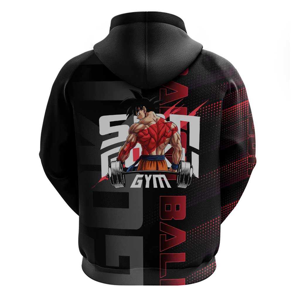 Goku Gym Theme Black and Red Design Zip Hoodie with Dumbbell Lightning Art and Muscle Training Pose - The Mazicc