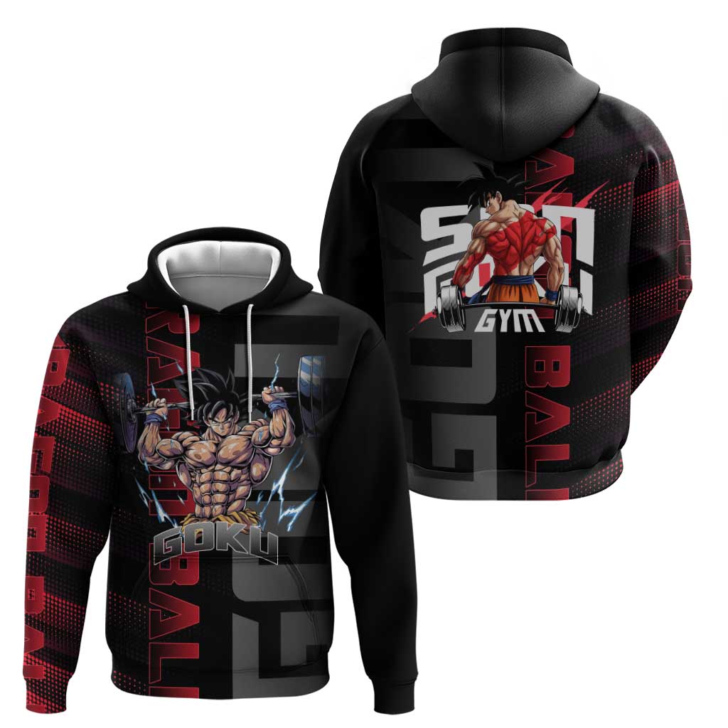 Goku Gym Theme Black and Red Design Zip Hoodie with Dumbbell Lightning Art and Muscle Training Pose - The Mazicc