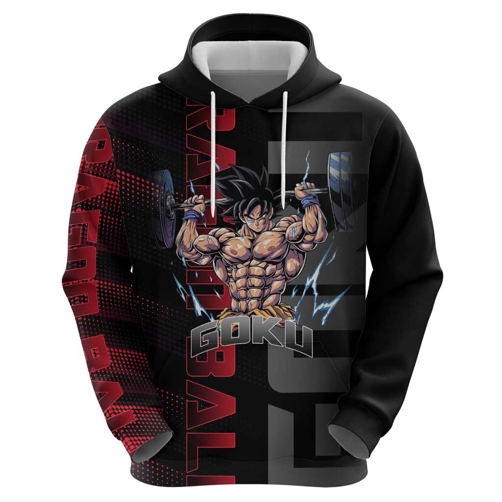 Goku Gym Theme Black and Red Design Zip Hoodie with Dumbbell Lightning Art and Muscle Training Pose - The Mazicc
