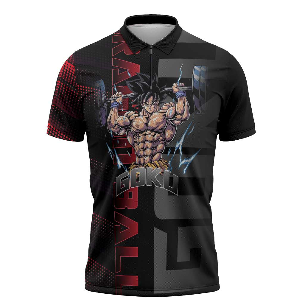 Goku Gym Theme Black and Red Design Zipper Polo Shirt with Dumbbell Lightning Art and Muscle Training Pose - The Mazicc