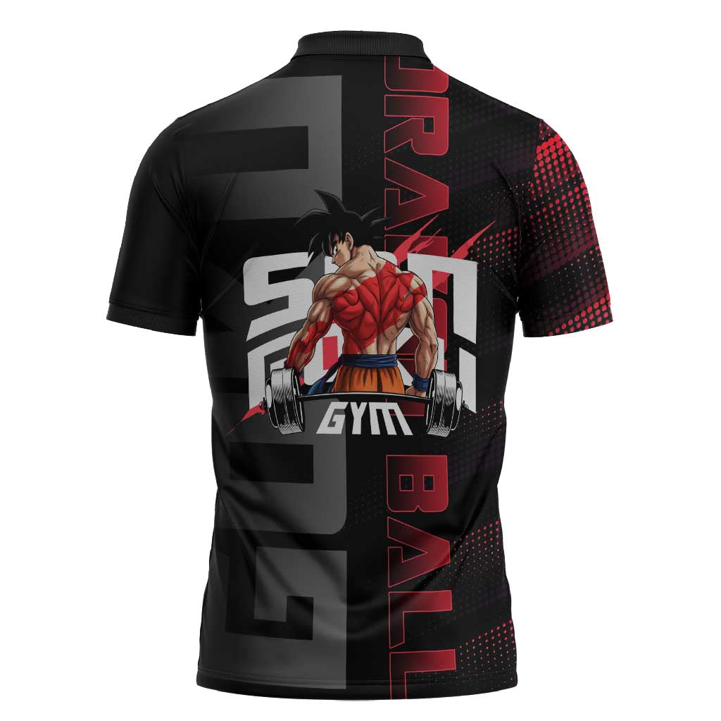Goku Gym Theme Black and Red Design Zipper Polo Shirt with Dumbbell Lightning Art and Muscle Training Pose - The Mazicc