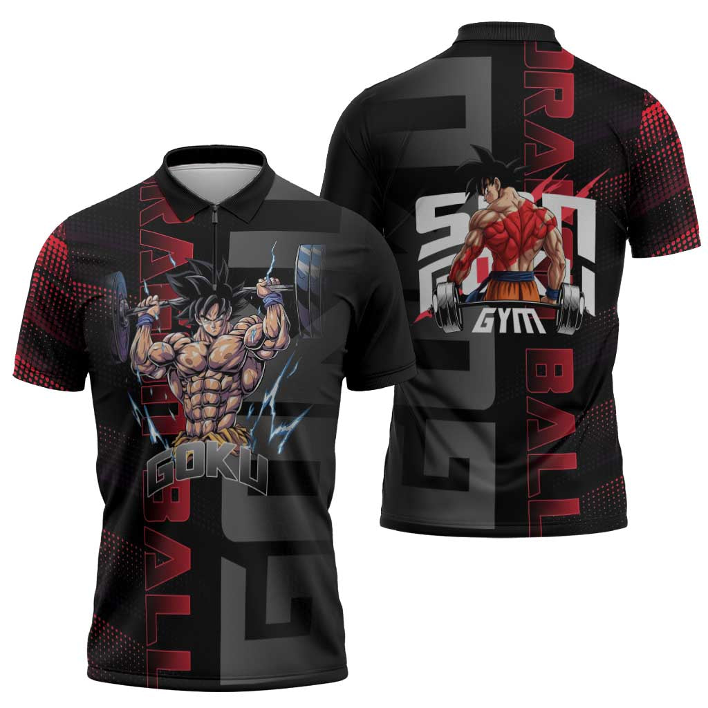Goku Gym Theme Black and Red Design Zipper Polo Shirt with Dumbbell Lightning Art and Muscle Training Pose - The Mazicc