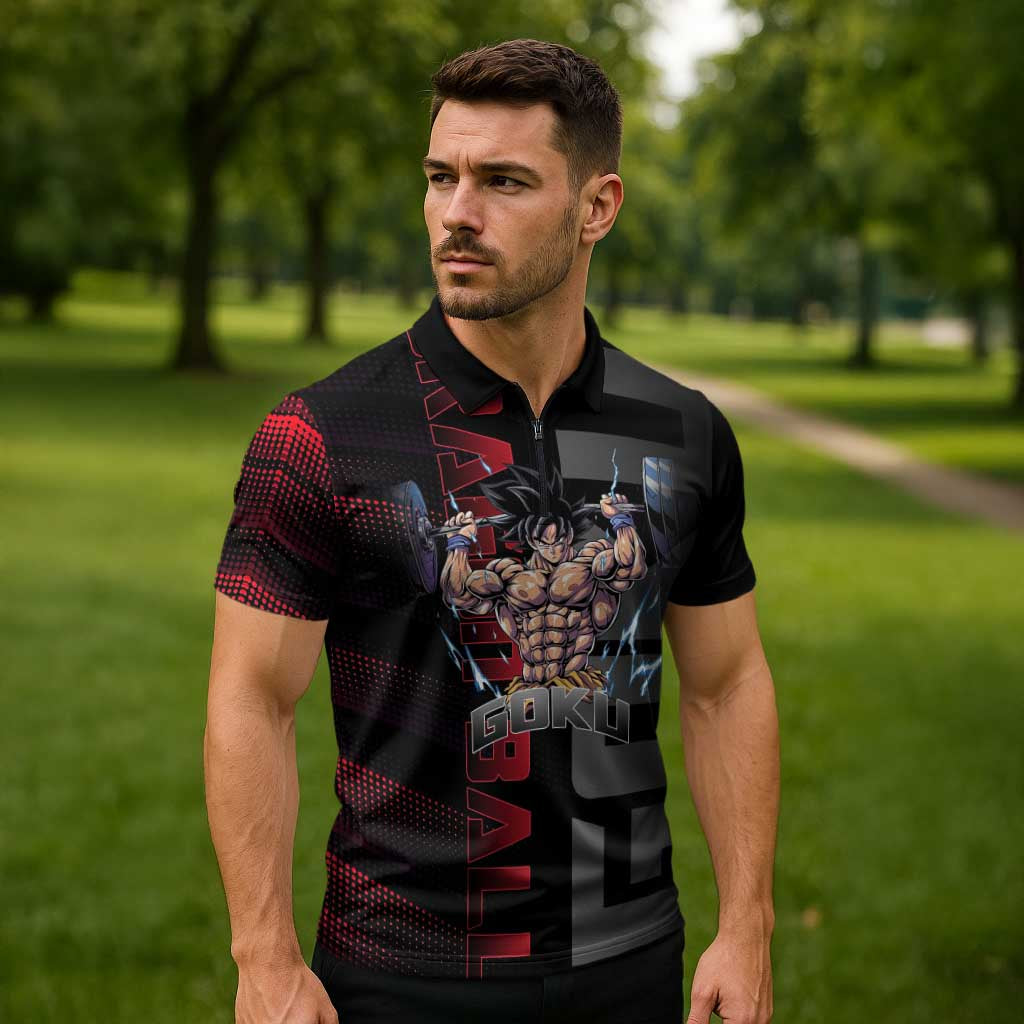 Goku Gym Theme Black and Red Design Zipper Polo Shirt with Dumbbell Lightning Art and Muscle Training Pose - The Mazicc