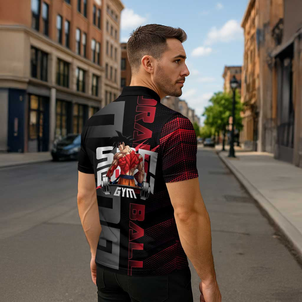 Goku Gym Theme Black and Red Design Zipper Polo Shirt with Dumbbell Lightning Art and Muscle Training Pose - The Mazicc