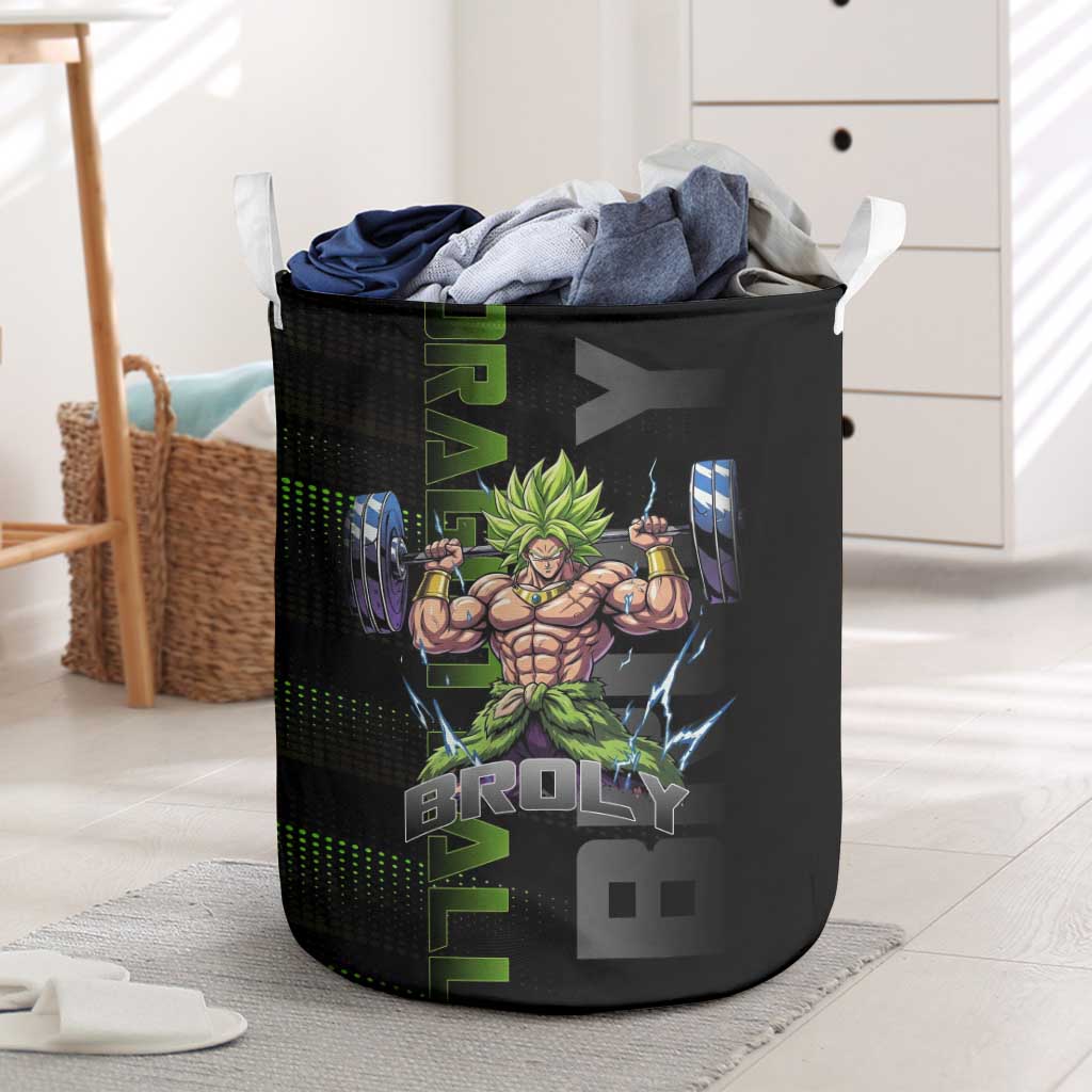 Broly Gym Theme Black and Green Design Laundry Basket with Powerlifting Pose and Electrified Muscle Artwork - The Mazicc