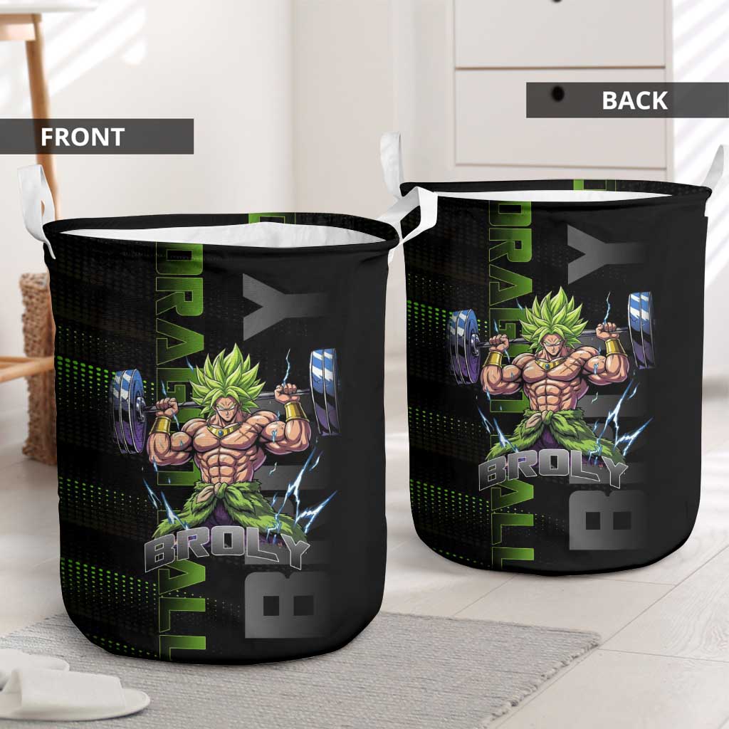 Broly Gym Theme Black and Green Design Laundry Basket with Powerlifting Pose and Electrified Muscle Artwork - The Mazicc