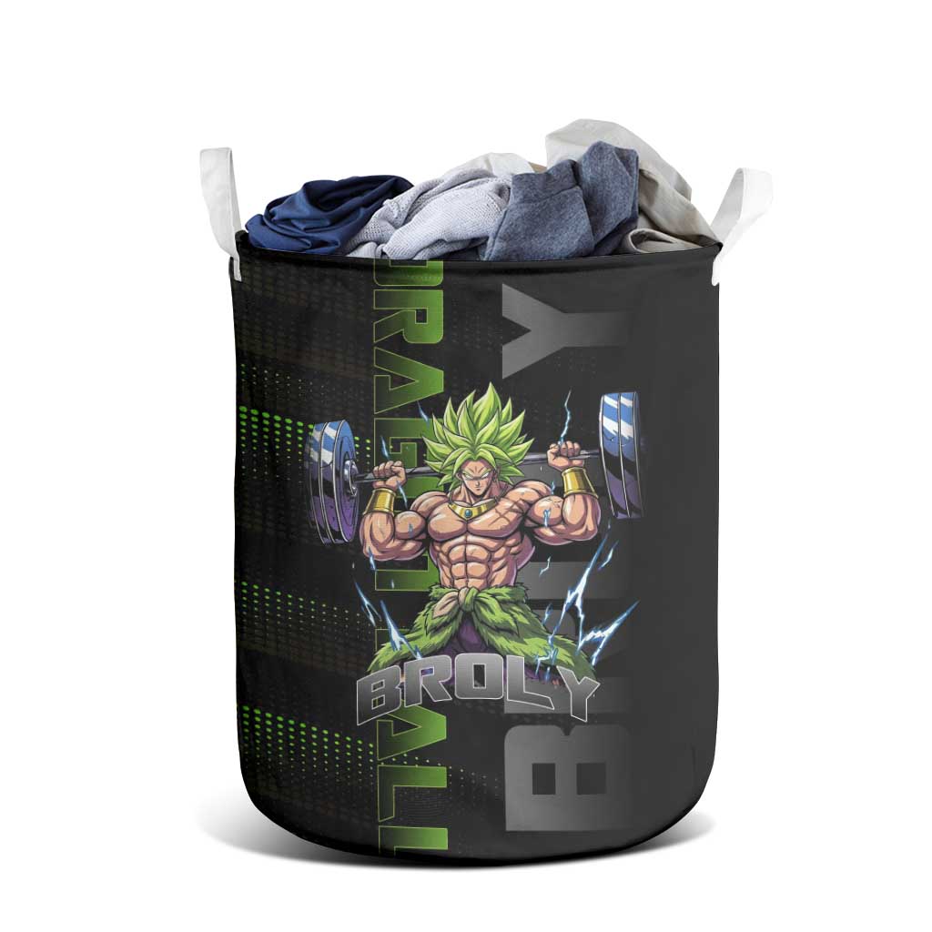 Broly Gym Theme Black and Green Design Laundry Basket with Powerlifting Pose and Electrified Muscle Artwork - The Mazicc