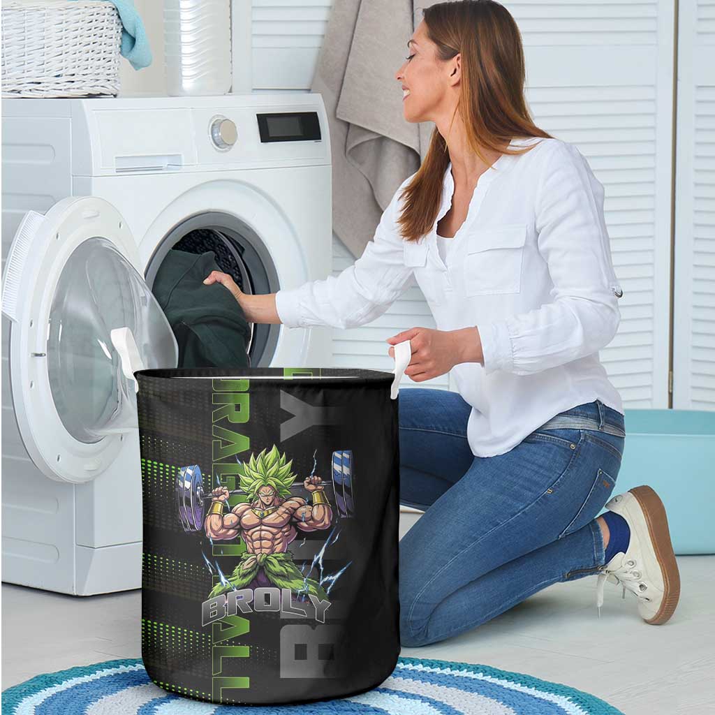 Broly Gym Theme Black and Green Design Laundry Basket with Powerlifting Pose and Electrified Muscle Artwork - The Mazicc