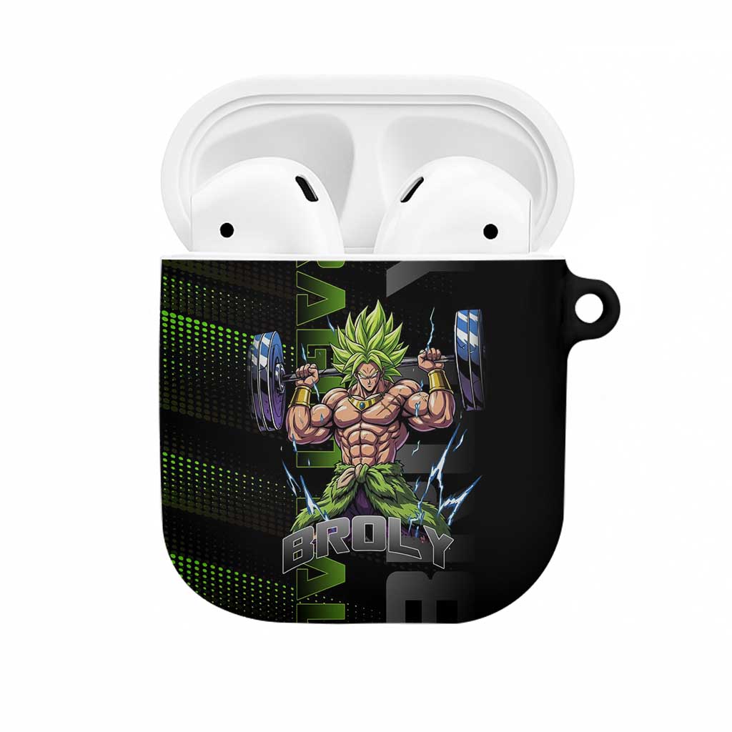 Broly Gym Theme Black and Green Design AirPods Case with Powerlifting Pose and Electrified Muscle Artwork - The Mazicc