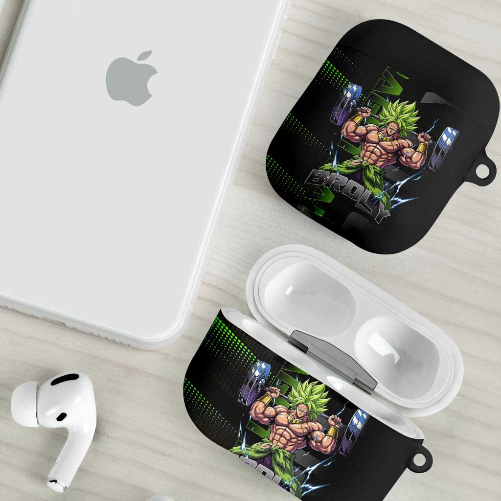Broly Gym Theme Black and Green Design AirPods Case with Powerlifting Pose and Electrified Muscle Artwork - The Mazicc