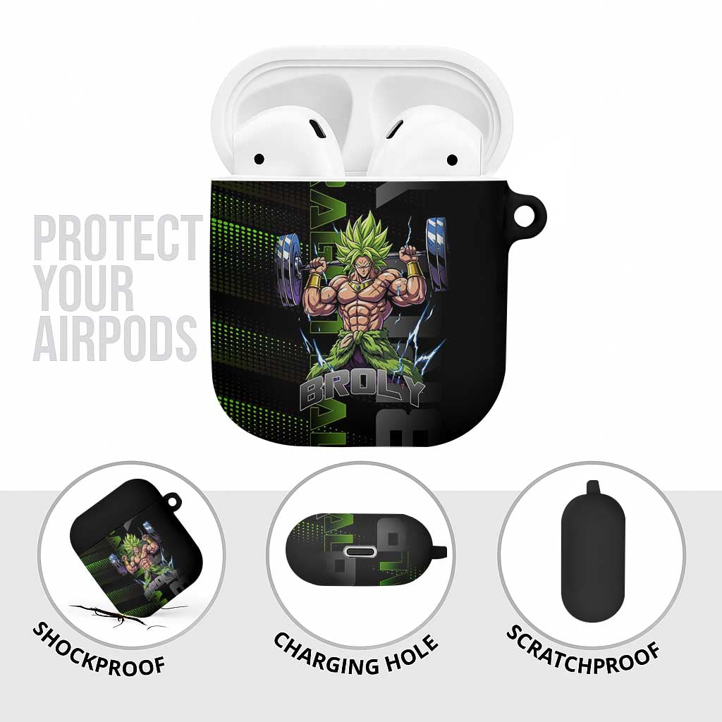 Broly Gym Theme Black and Green Design AirPods Case with Powerlifting Pose and Electrified Muscle Artwork - The Mazicc