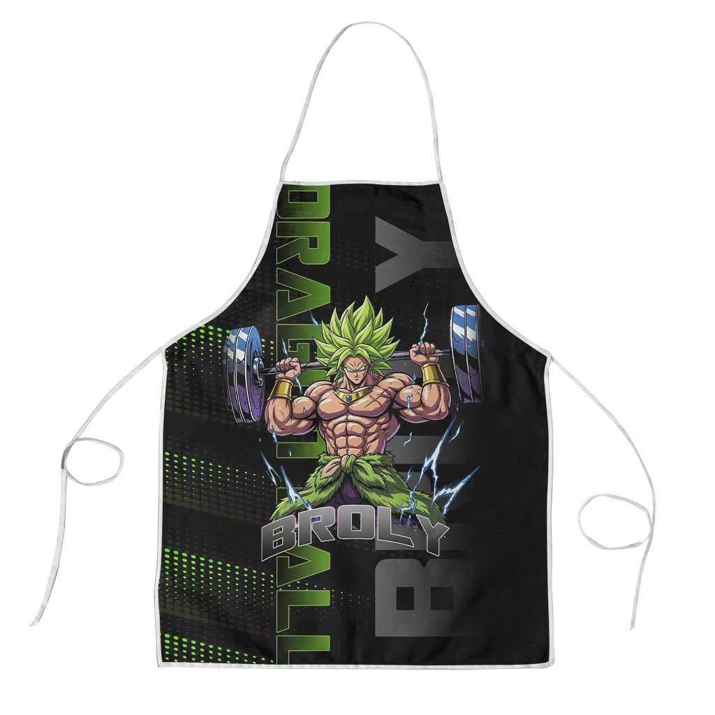 Broly Gym Theme Black and Green Design Apron with Powerlifting Pose and Electrified Muscle Artwork - The Mazicc