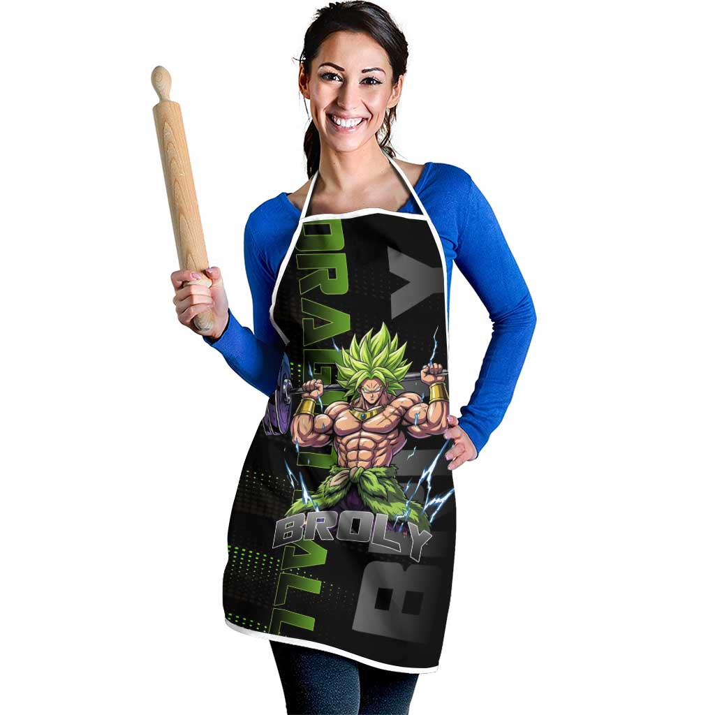 Broly Gym Theme Black and Green Design Apron with Powerlifting Pose and Electrified Muscle Artwork - The Mazicc