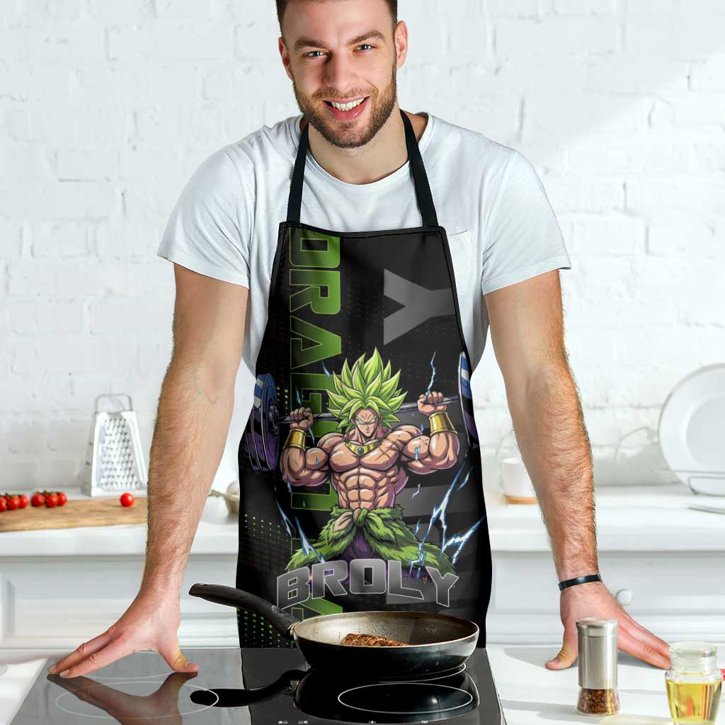 Broly Gym Theme Black and Green Design Apron with Powerlifting Pose and Electrified Muscle Artwork - The Mazicc