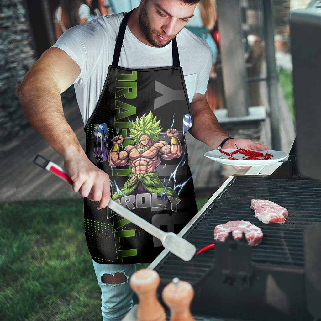 Broly Gym Theme Black and Green Design Apron with Powerlifting Pose and Electrified Muscle Artwork - The Mazicc
