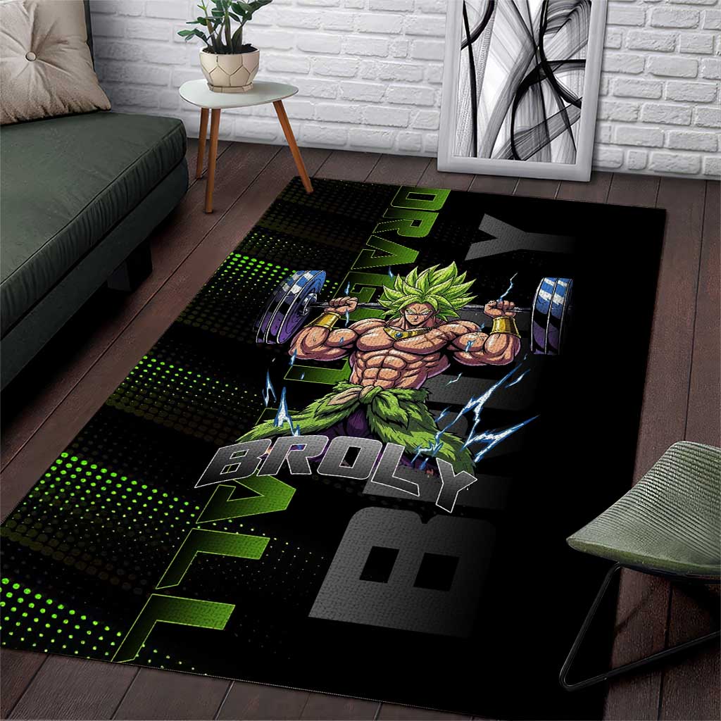 Broly Gym Theme Black and Green Design Area Rug with Powerlifting Pose and Electrified Muscle Artwork - The Mazicc