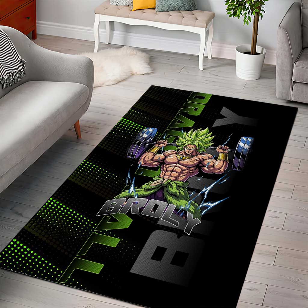 Broly Gym Theme Black and Green Design Area Rug with Powerlifting Pose and Electrified Muscle Artwork - The Mazicc