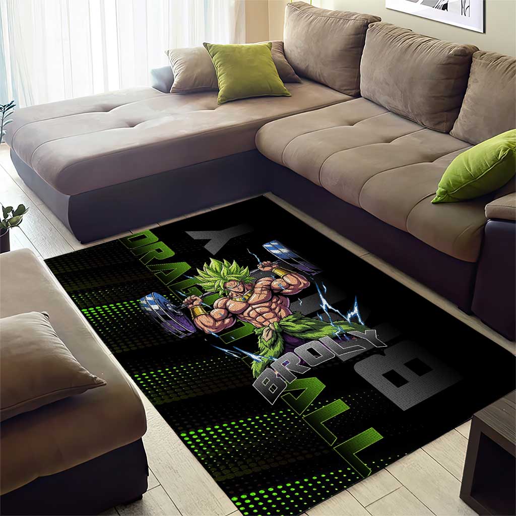 Broly Gym Theme Black and Green Design Area Rug with Powerlifting Pose and Electrified Muscle Artwork - The Mazicc
