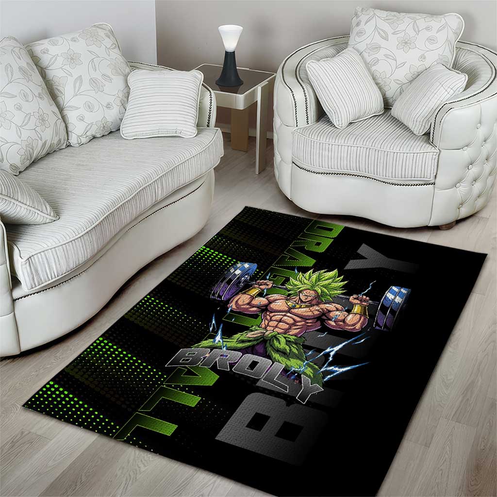 Broly Gym Theme Black and Green Design Area Rug with Powerlifting Pose and Electrified Muscle Artwork - The Mazicc
