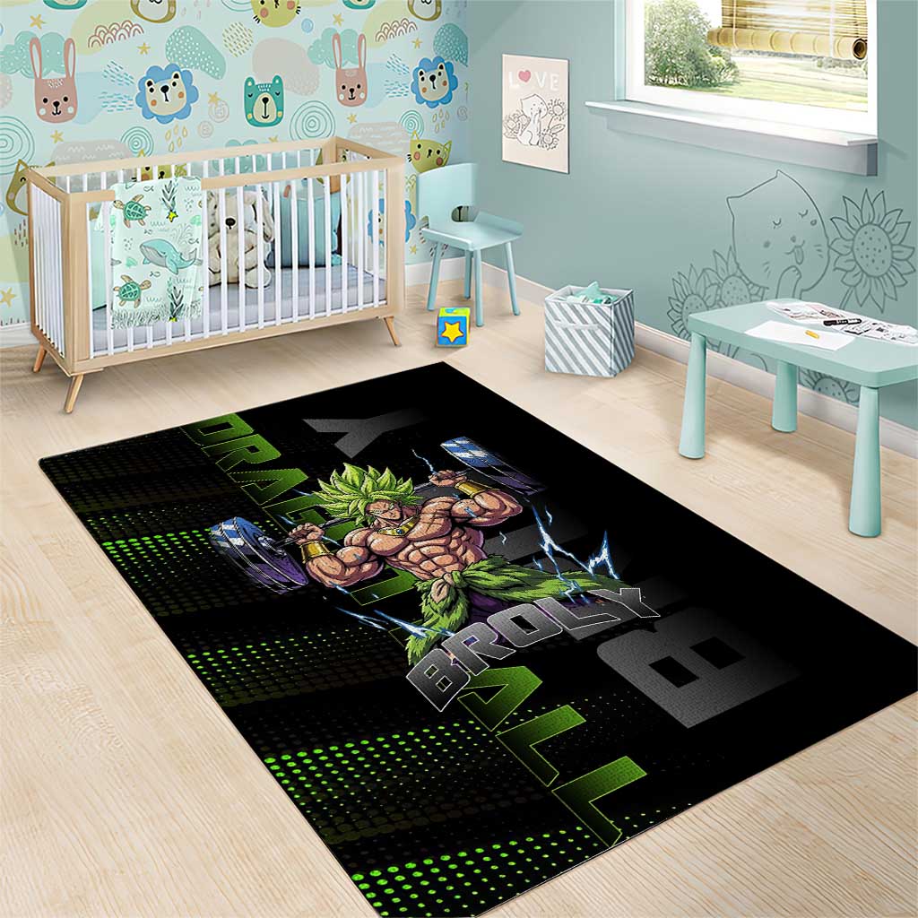 Broly Gym Theme Black and Green Design Area Rug with Powerlifting Pose and Electrified Muscle Artwork - The Mazicc