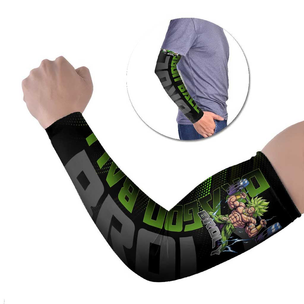 Broly Gym Theme Black and Green Design Arm Sleeves with Powerlifting Pose and Electrified Muscle Artwork - The Mazicc