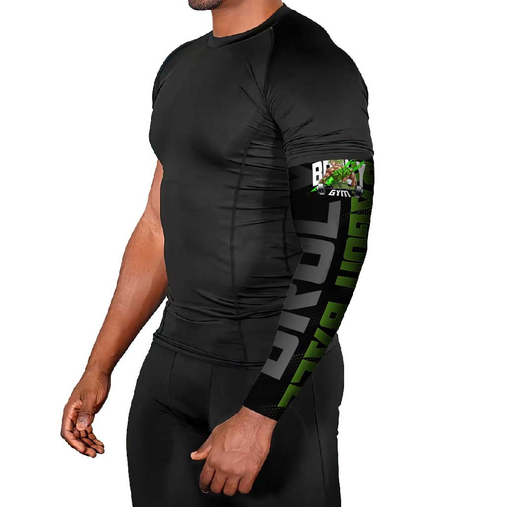 Broly Gym Theme Black and Green Design Arm Sleeves with Powerlifting Pose and Electrified Muscle Artwork - The Mazicc
