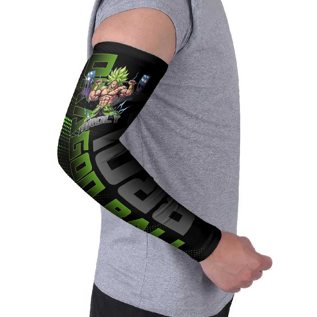 Broly Gym Theme Black and Green Design Arm Sleeves with Powerlifting Pose and Electrified Muscle Artwork - The Mazicc