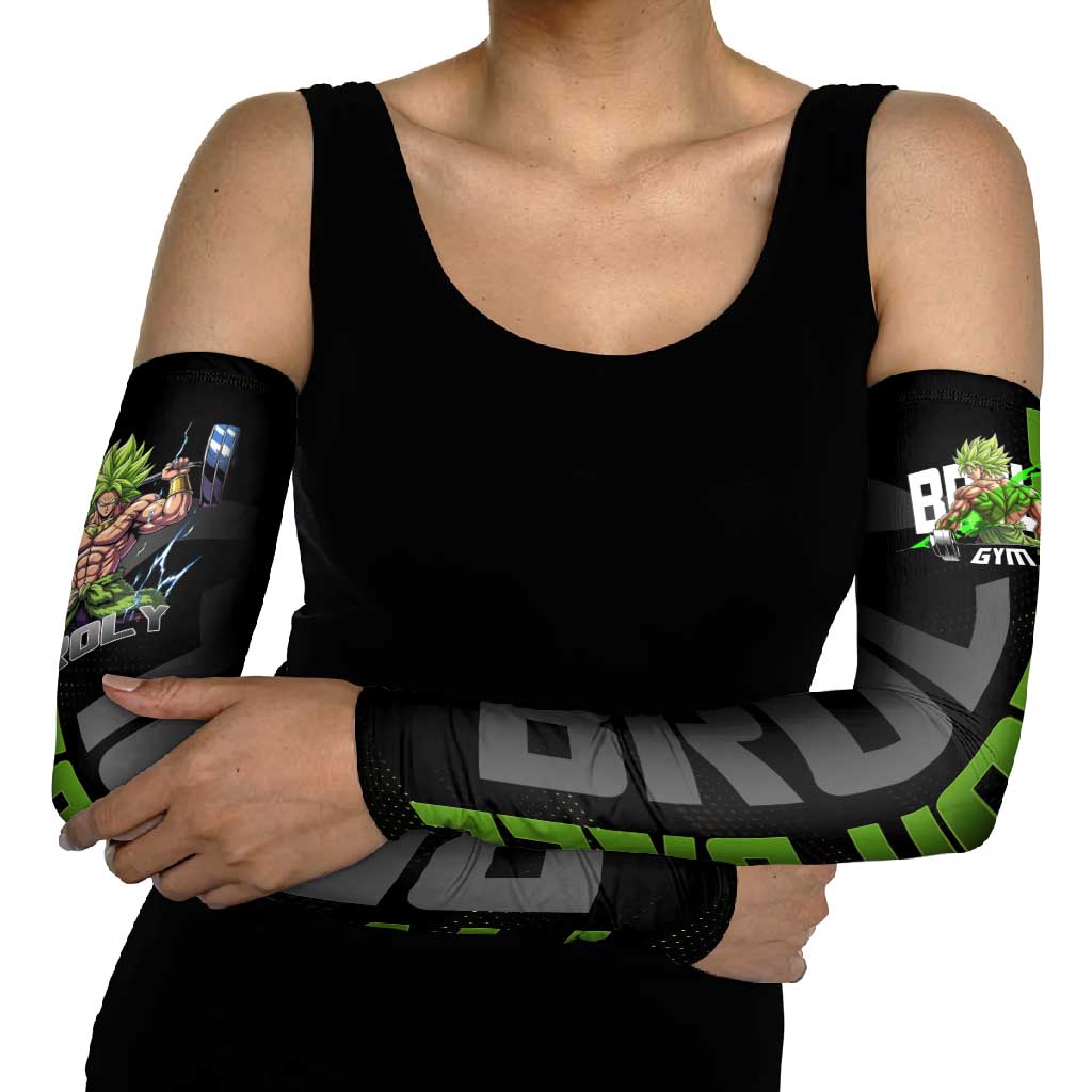 Broly Gym Theme Black and Green Design Arm Sleeves with Powerlifting Pose and Electrified Muscle Artwork - The Mazicc