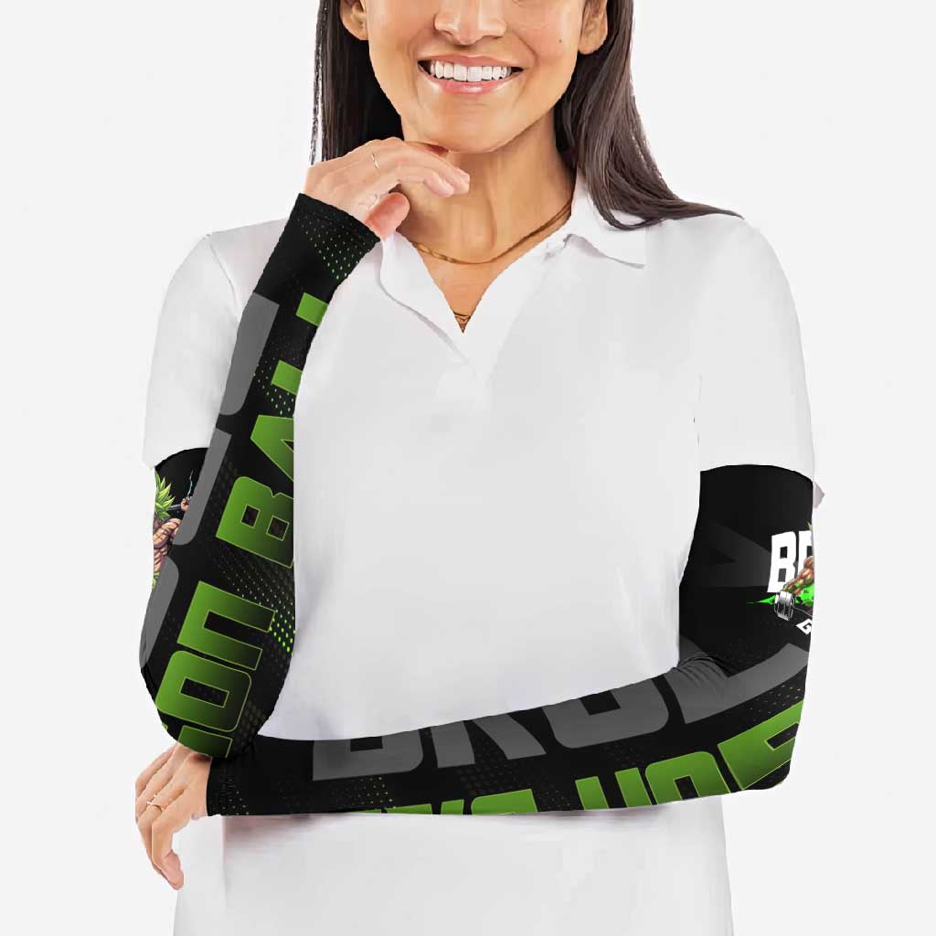 Broly Gym Theme Black and Green Design Arm Sleeves with Powerlifting Pose and Electrified Muscle Artwork - The Mazicc