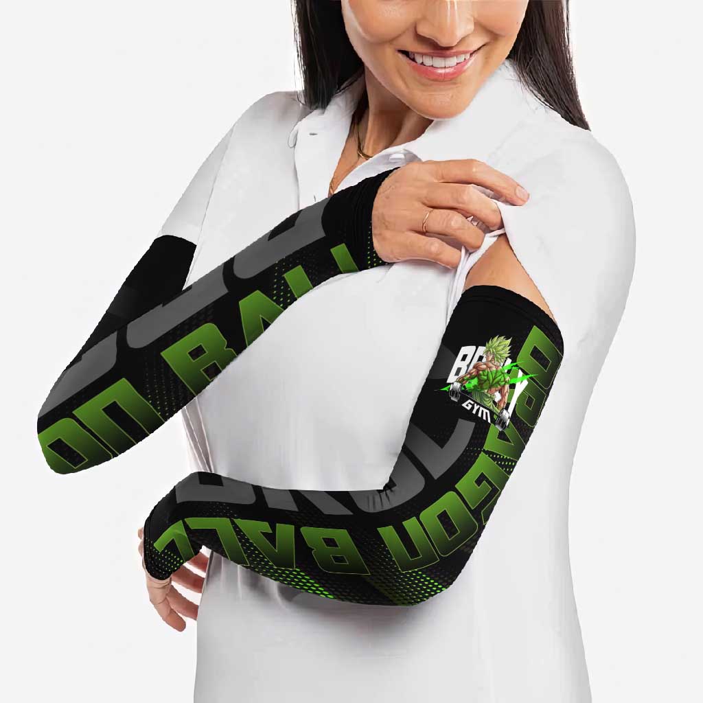 Broly Gym Theme Black and Green Design Arm Sleeves with Powerlifting Pose and Electrified Muscle Artwork - The Mazicc