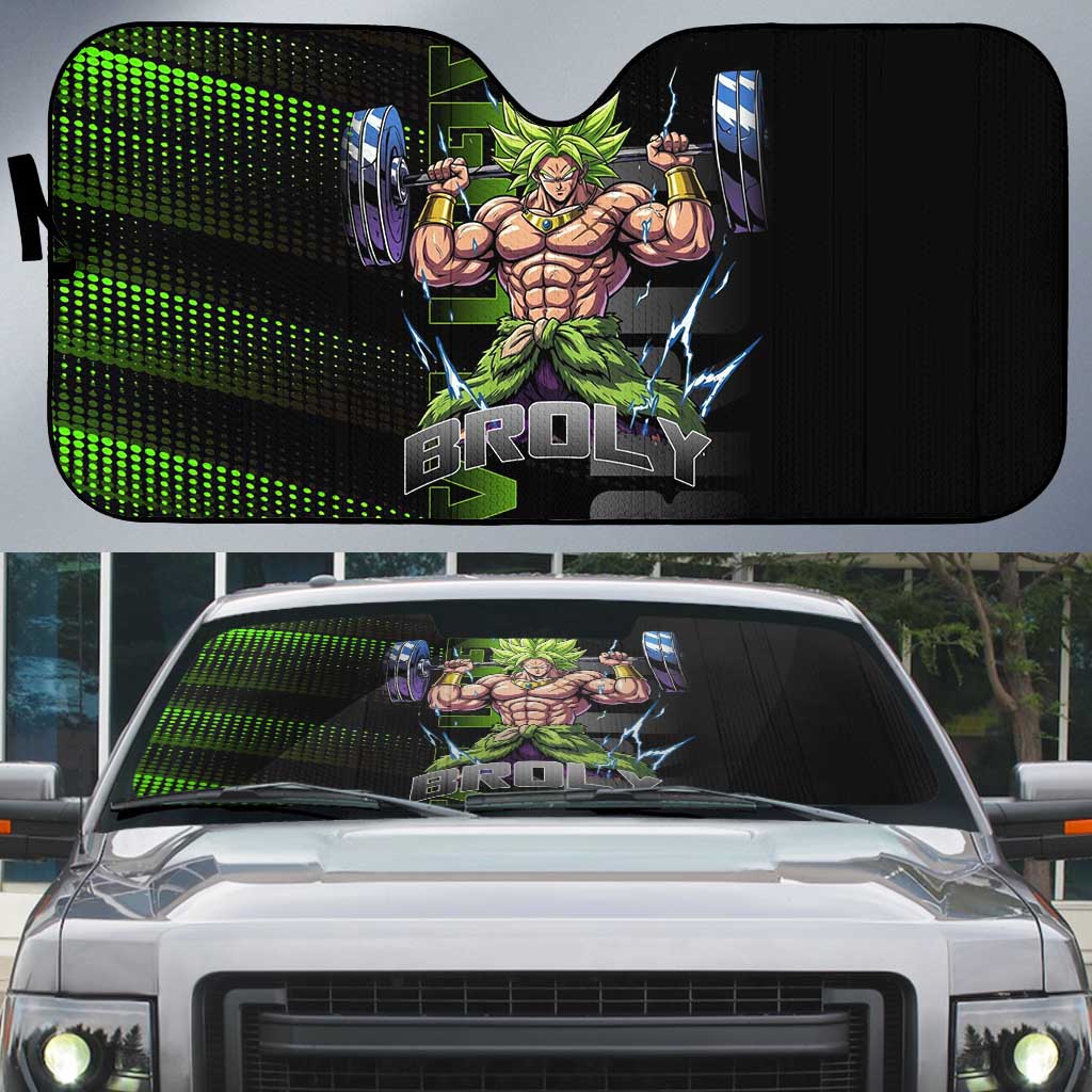 Broly Gym Theme Black and Green Design Auto Sun Shade with Powerlifting Pose and Electrified Muscle Artwork - The Mazicc
