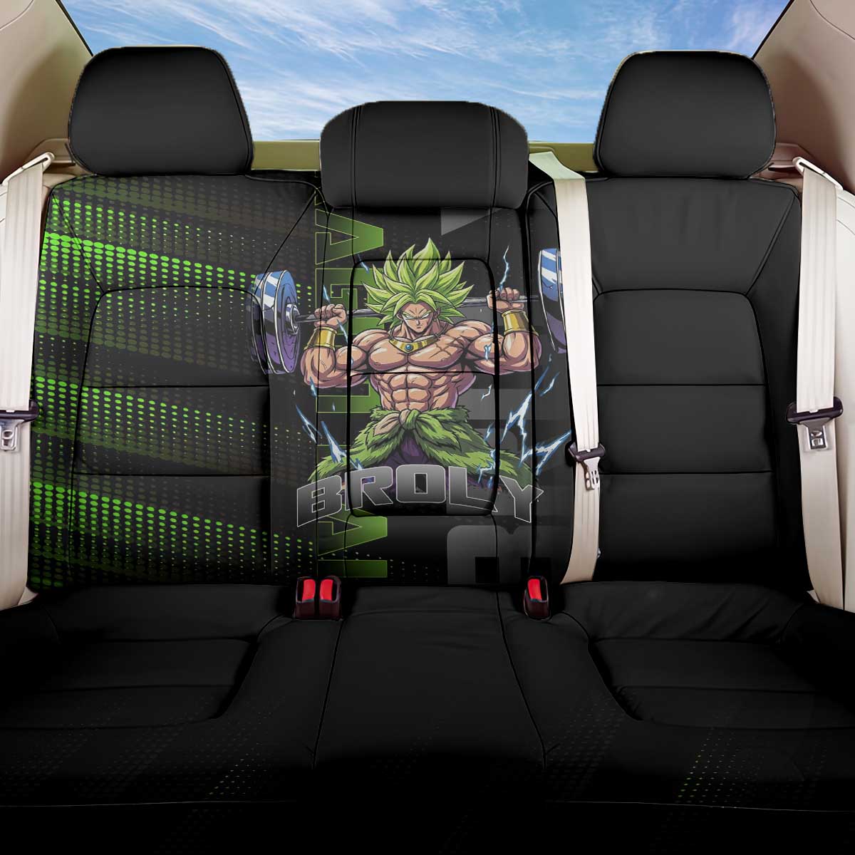 Broly Gym Theme Black and Green Design Back Car Seat Cover with Powerlifting Pose and Electrified Muscle Artwork - The Mazicc