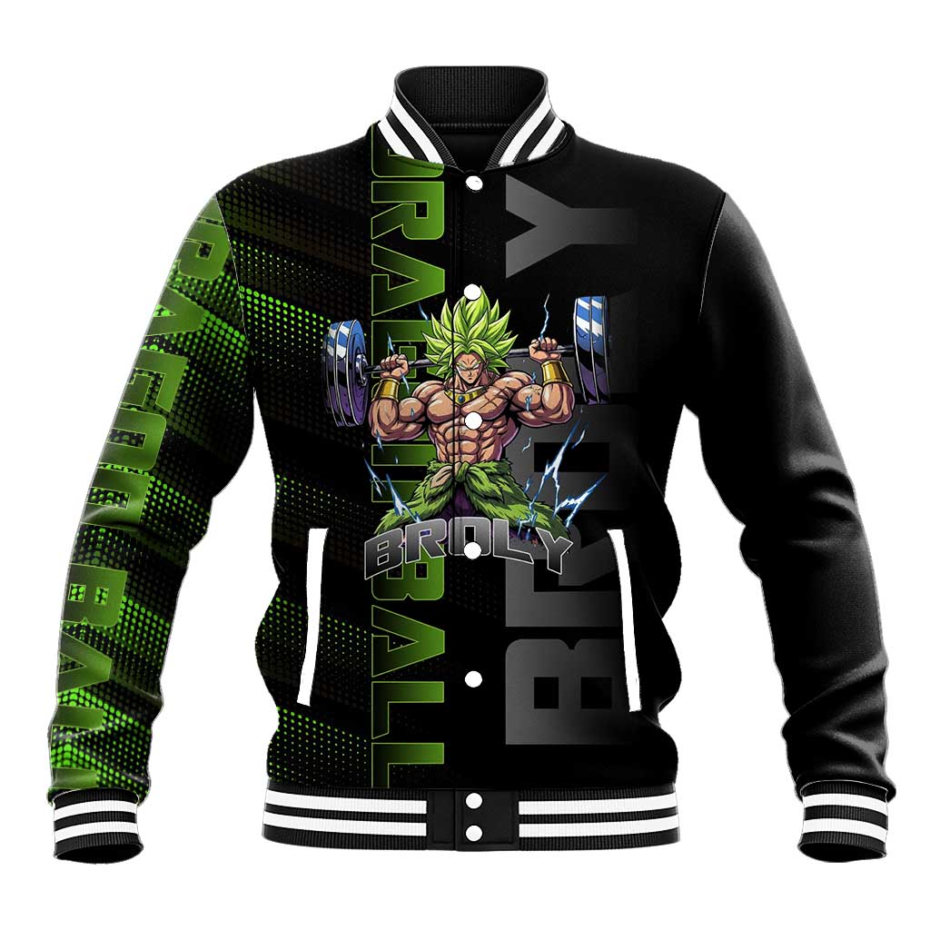 Broly Gym Theme Black and Green Design Baseball Jacket with Powerlifting Pose and Electrified Muscle Artwork - The Mazicc