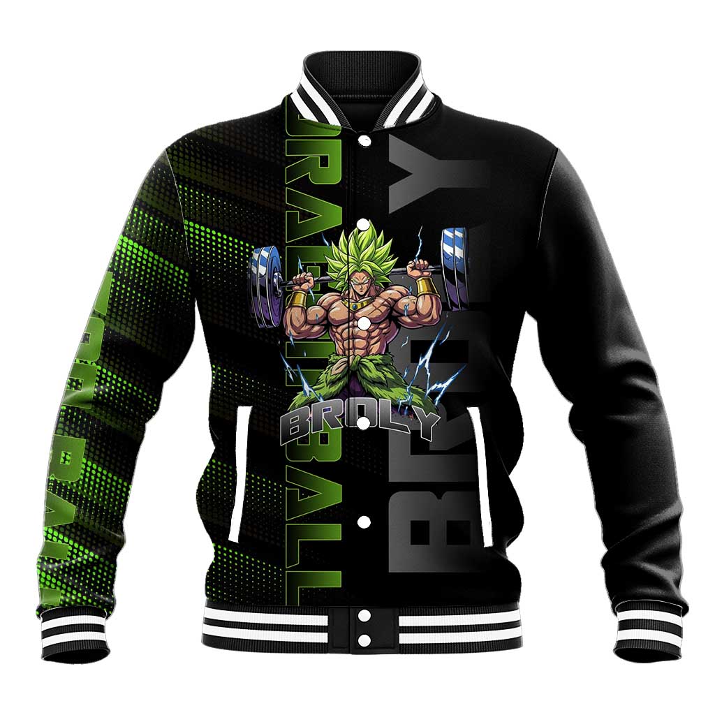 Broly Gym Theme Black and Green Design Baseball Jacket with Powerlifting Pose and Electrified Muscle Artwork - The Mazicc