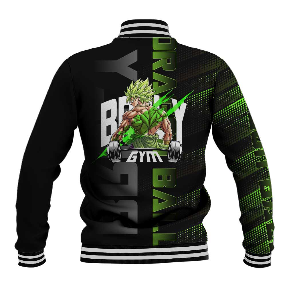 Broly Gym Theme Black and Green Design Baseball Jacket with Powerlifting Pose and Electrified Muscle Artwork - The Mazicc