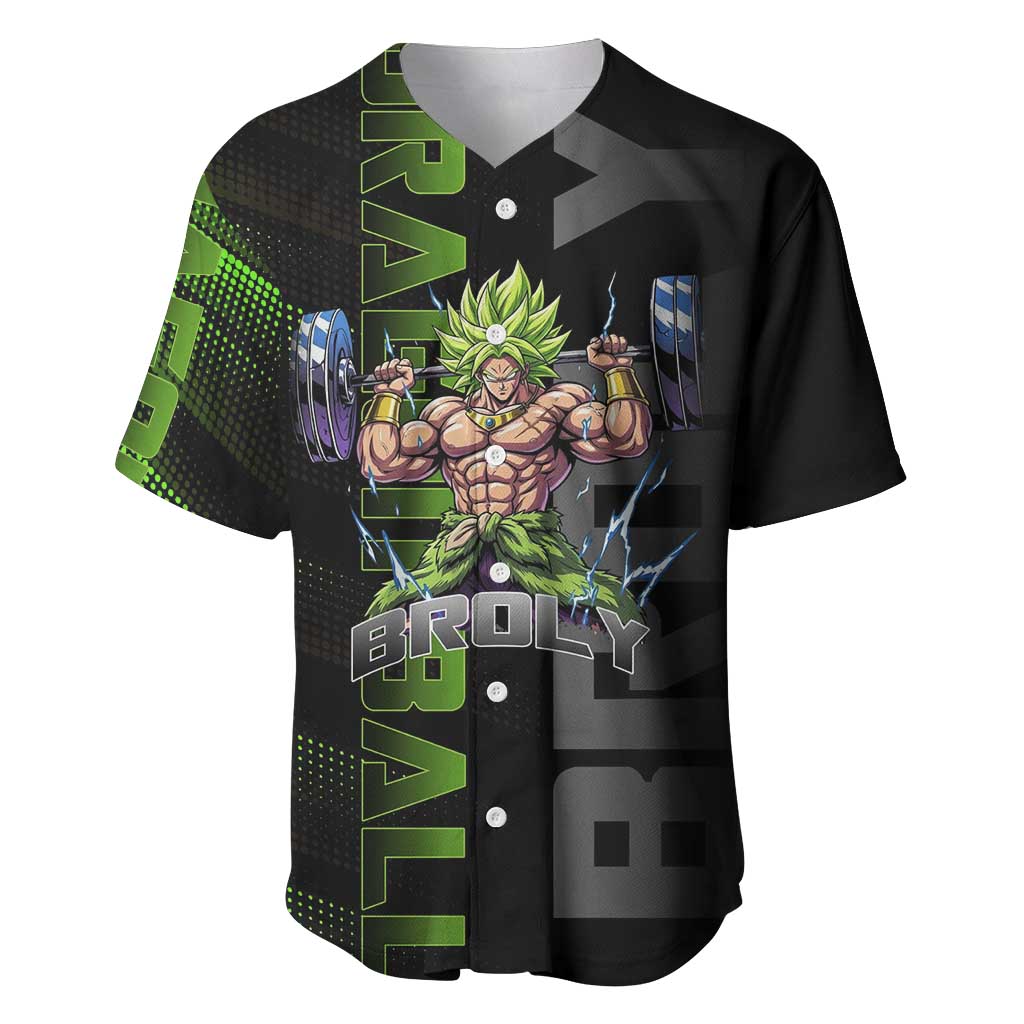 Broly Gym Theme Black and Green Design Baseball Jersey with Powerlifting Pose and Electrified Muscle Artwork - The Mazicc
