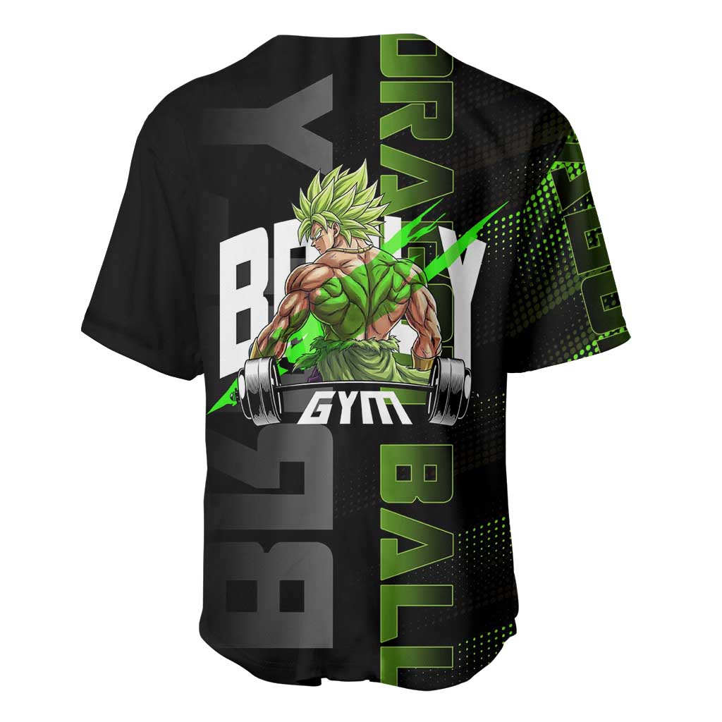 Broly Gym Theme Black and Green Design Baseball Jersey with Powerlifting Pose and Electrified Muscle Artwork - The Mazicc