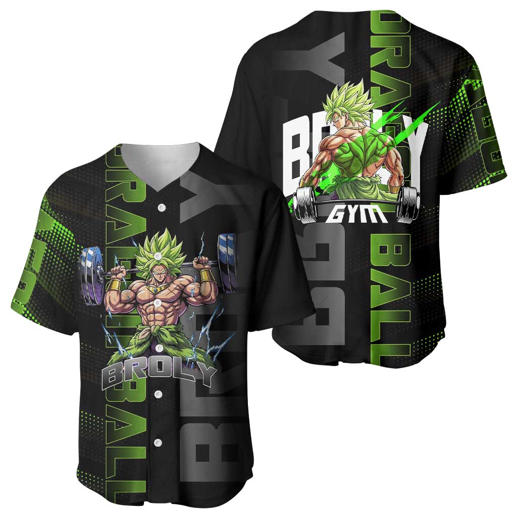 Broly Gym Theme Black and Green Design Baseball Jersey with Powerlifting Pose and Electrified Muscle Artwork - The Mazicc
