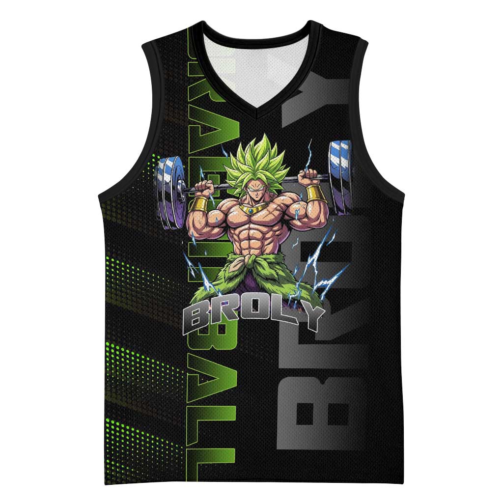 Broly Gym Theme Black and Green Design Basketball Jersey with Powerlifting Pose and Electrified Muscle Artwork - The Mazicc