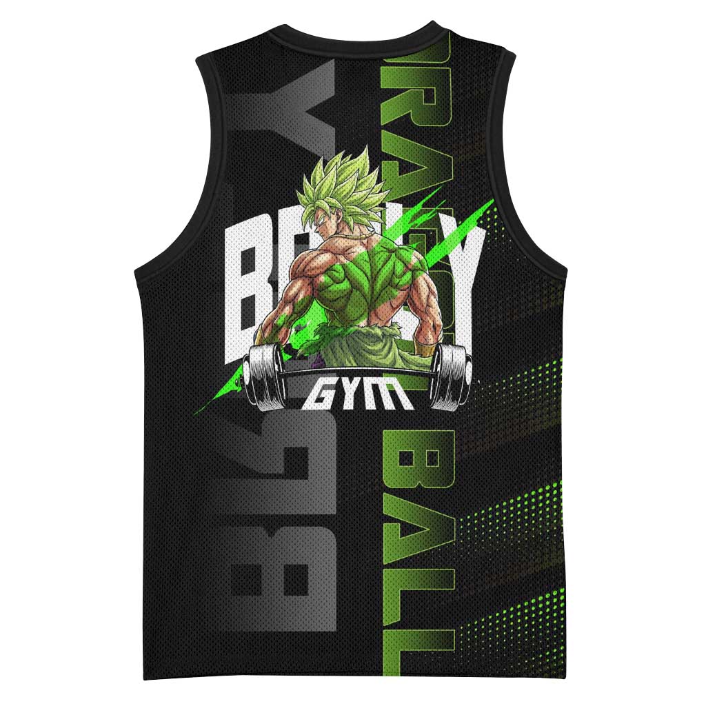 Broly Gym Theme Black and Green Design Basketball Jersey with Powerlifting Pose and Electrified Muscle Artwork - The Mazicc