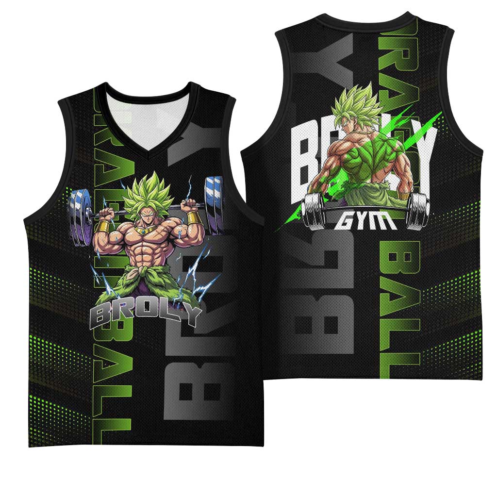 Broly Gym Theme Black and Green Design Basketball Jersey with Powerlifting Pose and Electrified Muscle Artwork - The Mazicc