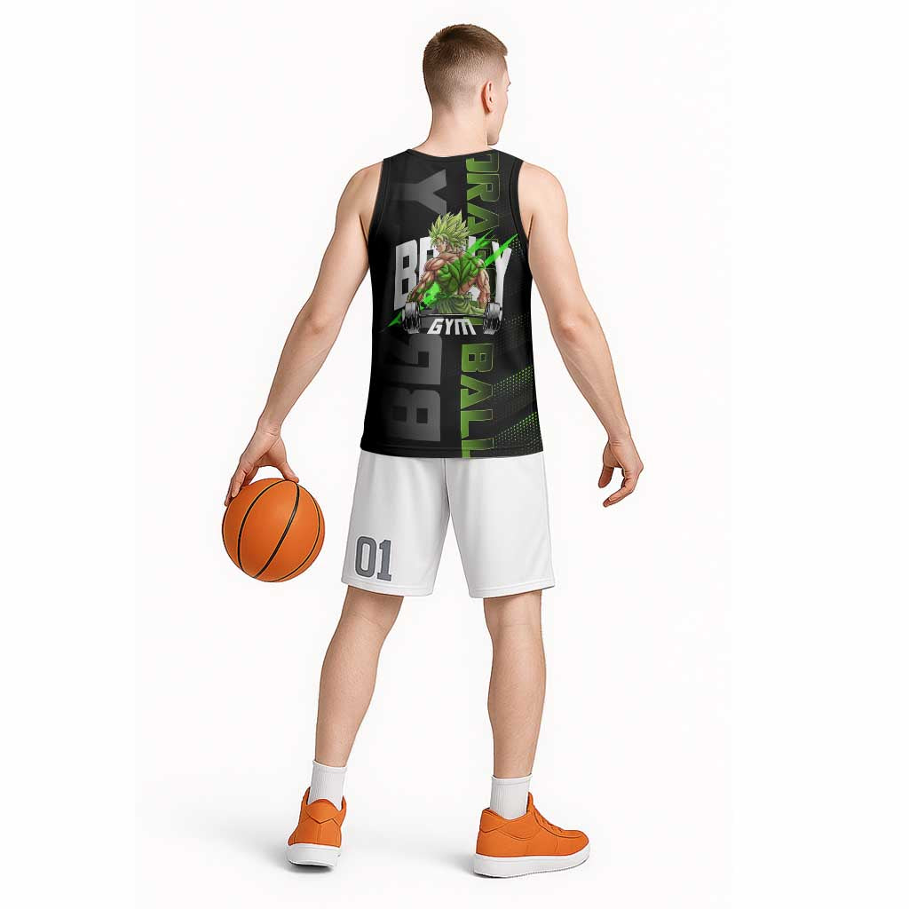 Broly Gym Theme Black and Green Design Basketball Jersey with Powerlifting Pose and Electrified Muscle Artwork - The Mazicc